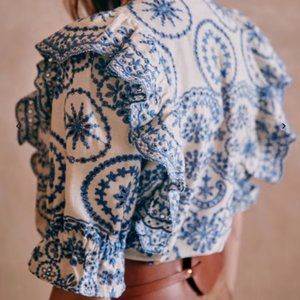 NWT Sezane South Blouse in Ecru Blue 38